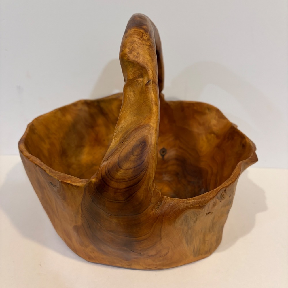 Hand Carved Root Wood Basket Brown Live Edge Rustic Decorative Bowl Handle - Picture 6 of 11